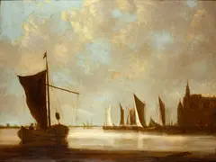 Shipping in a calm sea by Dutch School, oil on canvas, sold Nov 2014