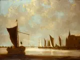 Shipping in a calm sea by Dutch School, oil on canvas, sold Nov 2014