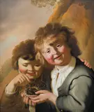 Two young boys holding a birds nest by Dutch School, oil on canvas, offered Nov 2014