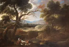 Drovers resting with their flocks in an extensive hillside landscape by Dutch School, oil on canvas, sold Nov 2014