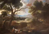 Drovers resting with their flocks in an extensive hillside landscape by Dutch School, oil on canvas, sold Nov 2014