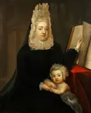 Portrait of Rachael, Lady Russell (1636-1723) and her son Wriothesley (1680-1711) three quarter length, seated wearing a black dress and white headdress, her left hand turning a page of the Book of Proverbs by Godfrey Kneller, oil on canvas, sold Nov 2014