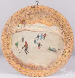 on turned wood plaque skating scene by David Y. Ellinger, oil, sold Feb 2022