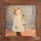 portrait of a girl with a rabbit toy by Jeanne Davies, oil on board, sold Feb 2022