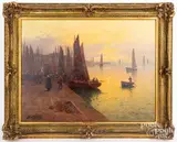 of a Breton Harbor at sunset with fishing boats by Paul Philippe, oil on canvas, sold Feb 2022