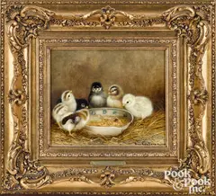 of six chicks and a bowl by Ben Austrian, oil on board, sold Jan 2022