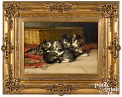 of a cat and kittens playing by John Henry Dolph, oil on canvas, sold Jan 2022
