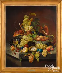 Still Life with Fruit on a slab table by Severin Roesen, oil on canvas, sold Jan 2022