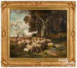 landscape with shepherdess and flock of sheep by Charles Jacques, oil on canvas, sold Jan 2022