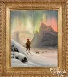 of a figure skiing with Northern Lights in the background by Frants Didrik Boe, oil on canvas, sold Jan 2022