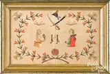 fraktur of a husband and wife flanking a pair of flintlock pistols and a sabre by Engraver Artist, ink and watercolor, offered Jan 2022
