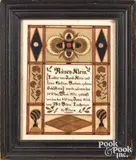 fraktur birth certificate for Nancy Klein by Samuel Bentz, ink and watercolor, sold Jan 2022