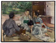 of children with music player by Shirataki Ikunosuke, oil on canvas, sold Dec 2021