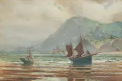 Untitled (ships in harbor) by Evelyn Bicknell, watercolor on paper, sold Mar 2021