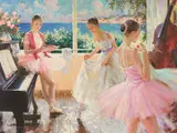 Ballerinas at the Piano by Jason He, oil on canvas (unstretched), sold Mar 2021
