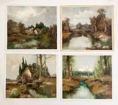 Forest Landscapes and Old Mills (4) by Willi Bauer, oil on canvas (unstretched), sold Feb 2021