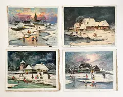 Ice Skating Scenes (4) by Antal Jancsek, oil on canvas (unstretched), sold Feb 2021