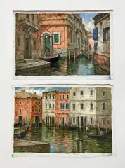 Venice Canal Scenes (2) by Pierre Latour, oil on canvas (unstretched), sold Feb 2021
