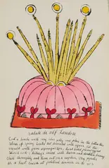 Salade de Alf Landon (from The Wild Raspberries portfolio created in collaboration with Suzie Frankfurt) by Andy Warhol, 1959, watercolor on offset lithograph with fuchsia buckram board cover, sold Mar 2021