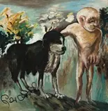 Small Man And Big Dog by John Perceval, 1943, oil on board, offered Aug 2014