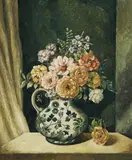 Still Life Of Mixed Blooms In Porcelain Jug by Adrian Feint, 1956, oil on composition board, offered Aug 2014