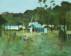Islanders Mending Nets by Ray Crooke, oil on composition board, sold Aug 2014