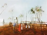 Outback Gathering by Hugh Sawrey, c.1977, oil on canvas, sold Aug 2014
