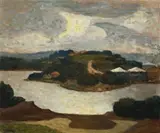 Hawkesbury River Landscape With Houses by Roland Wakelin, 1957, oil on composition board, sold Aug 2014