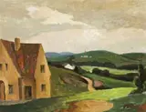 Country Landscape With Houses And Factory In Distance by Roland Wakelin, 1950, oil on composition board, sold Aug 2014