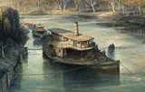 Murray River Paddle Steamers (P.S. Melbourne And P.S. Edwards) by Kenneth Jack, 1973, oil on composition board, sold Aug 2014