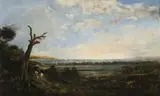 Port Phillip Bay, From The South West Corner Of Royal Park Across Batman’S Swamp (West Melbourne Swamp) To Port Melbourne With Williamstown Train Crossing by J.S. Calder, c.1860s, oil on canvas, sold Apr 2014