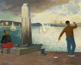 Fishing, Sydney Harbour by Roland Wakelin, 1960, oil on board, sold Apr 2014