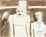 Interior With Two Figures And A Cat by Joy Hester, ink on paper, sold Apr 2014