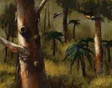 Parrots Through The Trees by Albert Tucker, oil on composition board, sold Apr 2014