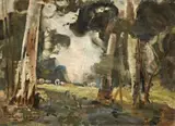 Sheep And Gum Trees by Walter Withers, oil on canvas, sold Apr 2014