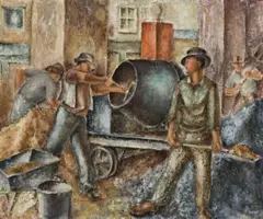 Men Mixing Concrete by Russell Drysdale, 1937, oil on composition board, sold Nov 2013