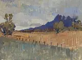 Northern Landscape (Flinders Ranges Landscape With Rain Approaching) by Horace Trenerry, c.1930, oil on canvas-board, offered Nov 2013