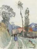 Landscape With Figures (Dockside Sketch Verso) by David Davies, watercolour on paper, sold Nov 2013