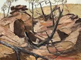 Trees And Boulders by Clifton Pugh, 1963, oil on board, sold Nov 2013