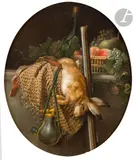 Nature morte au lièvre, carnier, poire à poudre, corbeille de fruits et bouteille sur une table de pierre by Anne Vallayer-Coster, Toile ovale, sold Nov 2024