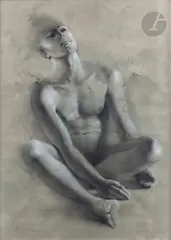 Homme accroupi by Gérard Di-Maccio, Lavis d'encre, rehauts de craie blanche sur traits de crayon noir, sold Nov 2024