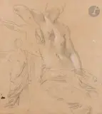 Deux études de figures by Théodore Chassériau, Crayon noir et rehauts de craie blanche sur papier mi-teinte, sold Nov 2024