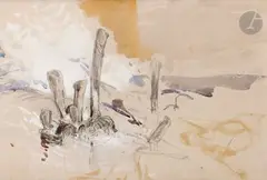 Des pieux fichés dans le sable, près de la mer by Eugène Isabey, Aquarelle, gouache et crayon noir, sold Nov 2024