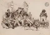Louis Philippe et ses trois fils observant le ballet des courtisans by Jean Ignace Isidore Gérard Grandville, Plume et encre brune sur traits de crayon noir, sold Nov 2024