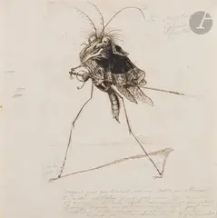 Le Mysocampe génie fantastique by Jean Ignace Isidore Gérard Grandville, Plume et encre brune, sur traits de crayon noir, sold Nov 2024