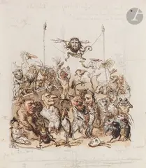 Jupiter et les animaux du cirque by Jean Ignace Isidore Gérard Grandville, vers 1843, Plume et encre brune, lavis brun et aquarelle, sur traits de crayon noir, sold Nov 2024