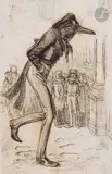 Corneille les mains dans les poches, marchant dans une rue animée by Jean Ignace Isidore Gérard Grandville, Plume et encre brune, sur traits de crayon noir, sold Nov 2024