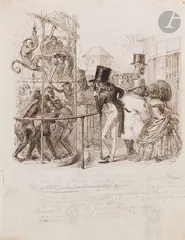 Visite au zoo by Jean Ignace Isidore Gérard Grandville, Plume et encre brune, sur traits de crayon noir et estompe, sold Nov 2024