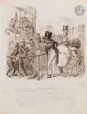 Visite au zoo by Jean Ignace Isidore Gérard Grandville, Plume et encre brune, sur traits de crayon noir et estompe, sold Nov 2024