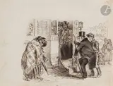 Les plaisirs de l’Omnibus by Jean Ignace Isidore Gérard Grandville, Plume et encre brune, lavis brun, sur traits de crayon noir, sold Nov 2024